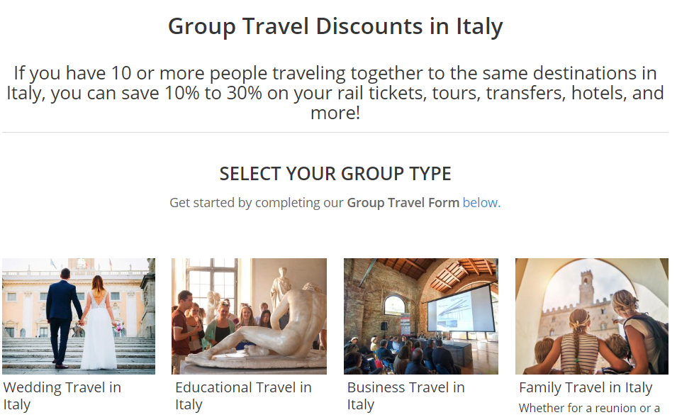 Desconto ItaliaRail - 30% OFF em tickets para grupos de 10+ pessoas - desconto italiarail group ticket