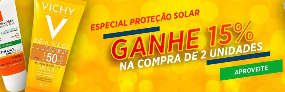 Desconto Drogaria Araújo - 15% OFF em protetor solar - desconto protetor solar drogaria araujo