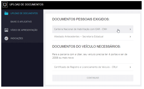 upload de documentos motorista uber